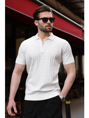 Madmext Beyaz Polo Yaka Slim Fit Triko Erkek Tişört E7465