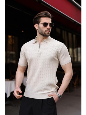 Madmext Taş Rengi Polo Yaka Slim Fit Triko Erkek Tişört E7465