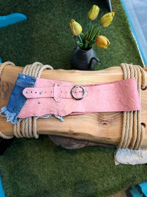 Yılday Gür Butik Pinkieby El Yapımı Denim Detaylı Hakiki Deri Bohem Korse Kemer - Standart Beden