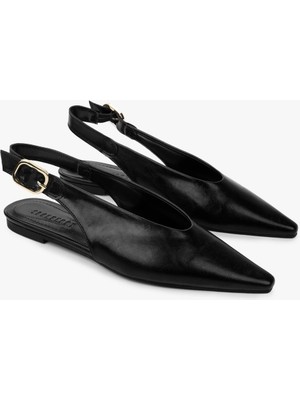 Shoeberry Kadın Viela Siyah Cilt Sivri Burunlu Babet