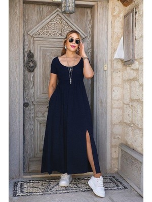 Mareandpanda Kadın Kısa Kollu Yuvarlak Yaka Önden Yırtmaçlı Cepli Viskon Uzun Elbise