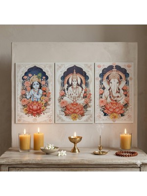 Hedea Bohem Hint Tanrıları Ahşap Tablo Serisi - 3 Parça Spiritüel Duvar Sanatı Seti - Ganesha, Vishnu, Krishna Özel Baskı Tablo
