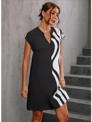 Mareandpanda Kadın Dokuma Viskon Kumaş V Yaka Zebra Desenli Elbise