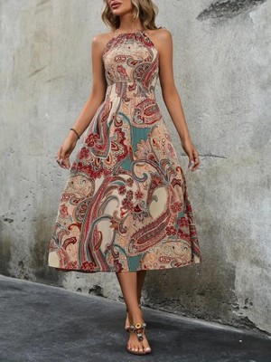 Mareandpanda Kadın Kolsuz Boyundan Bağlamalı Beli Lastikli Dijital Baskı Süprem Uzun Elbise