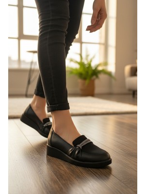 Enoch Kadın Kristal Şerit Detaylı Ortopedik Hakiki Deri Comfort Loafer Babet