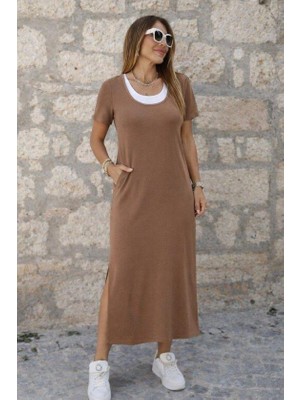 Mareandpanda Kadın Kısa Kollu Içi Atlet Görünümlü Yandan Yırtmaçlı Uzun Viskon Elbise