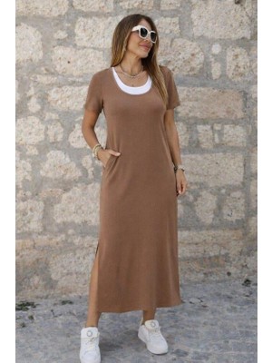 Mareandpanda Kadın Kısa Kollu Içi Atlet Görünümlü Yandan Yırtmaçlı Uzun Viskon Elbise