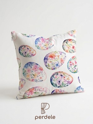 Perdele Dijital Baskı Yastık Kılıfı Paskalya Yumurta Motifli - Kadife Dokulu Yastık Kılıfı
