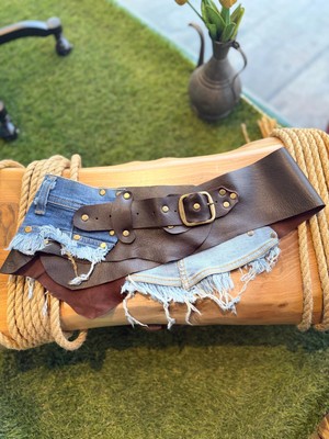 Yılday Gür Butik Elowen Kot Detaylı Kahverengi Deri Kemer - Denim Garnili Tasarım Bel Kemeri - Standart Beden