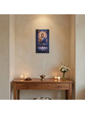 Hedea Lotus Üzerinde Buddha Ahşap Tablo - Zen & Meditasyon Duvar Dekoru - 16X28 cm Özel Baskı Spiritüel Sanat
