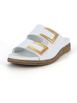 Mammamia D26YT-1695 Kadın Hakiki Deri Iki Tokalı Günlük Terlik Beyaz