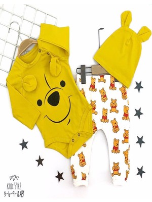 Diji Baby 9-12-18-24 Ay Havuçlu Kulaklı Kapşonlu Fermuar Kapamalı 3lü Erkek Bebek Takımı