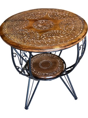 Otantik Çarşı Eskitme Ahşap Ferforje Oymalı Yuvarlak Sehpa