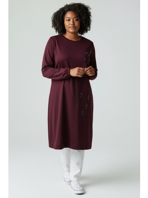 Ece Giyim Kadın Önü Taş Desenli Kol Ağzı Lastikli Altı Bantlı Büyük Beden Tunik