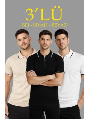 Buğrahayalin Erkek Triko Tişört Fermuar Yakalı Kısa Kol T-Shirt 3’lü Set Bej-Beyaz-Siyah