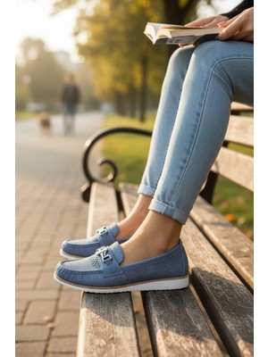Enoch Kadın Jean Mavisi Lazer Delikli Gümüş Tokalı Ortopedik Hakiki Deri Comfort Loafer