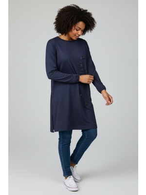 Ece Giyim Kadın Önü Taş Desenli Kol Ağzı Lastikli Altı Bantlı Büyük Beden Tunik