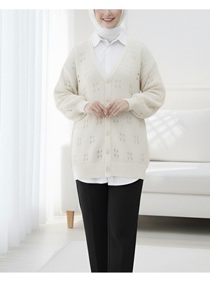 Modamorfo Düğmeli Ajurlu Araboy Triko Hırka -Krem