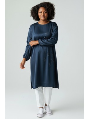 Ece Giyim Kadın Önü Taş Desenli Kol Ağzı Lastikli Altı Bantlı Büyük Beden Tunik