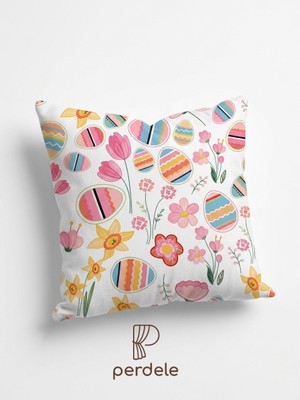 Perdele Paskalya Yumurta Desenli Yastık Kılıfı - Çiçek Motifli Dijital Baskı