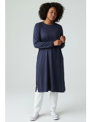 Ece Giyim Kadın Önü Taş Desenli Kol Ağzı Lastikli Altı Bantlı Büyük Beden Tunik