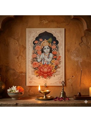 Hedea Krishna Ahşap Tablo - Hint Tanrısı & Yoga Sunak Dekoru - 16X24 cm Özel Baskı Spiritüel Sanat