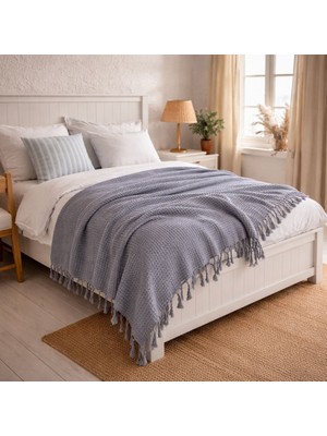 Antrasit Gri Kendinden Desenli %100 Pamuk Çift Kişilik Pike/yatak Örtüsü 210*230 cm