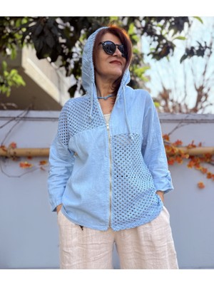 Deniz Ege Italyan File Detay Kapüşonlu Keten Ceket Bulut Mavi