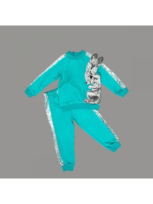 Diji Baby 1-2-3 Yaş Payetli Pelüş Tavşan Desenli Likra Penye Kumaş Sweat Pantolonlu Kız 2li Çocuk Takımı
