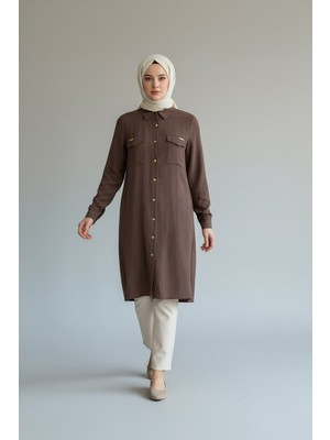 Ece Giyim Kadın Önü Metal Düğmeli Sahte Cep Detaylı Uzun Gömlek