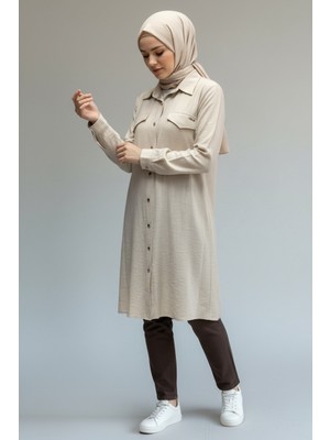 Ece Giyim Kadın Önü Metal Düğmeli Sahte Cep Detaylı Uzun Gömlek