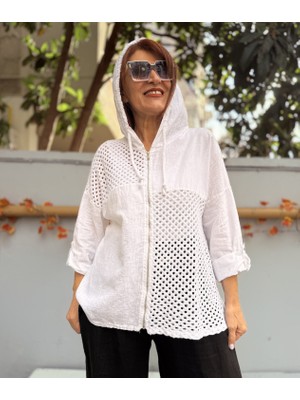 Deniz Ege Italyan File Detay Kapüşonlu Keten Ceket Beyaz