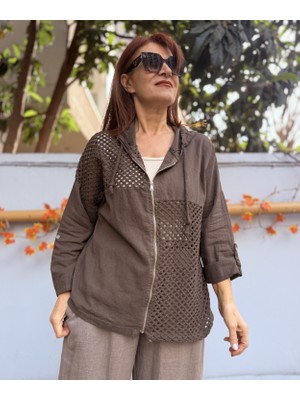 Deniz Ege Italyan File Detay Kapüşonlu Keten Ceket Kahve