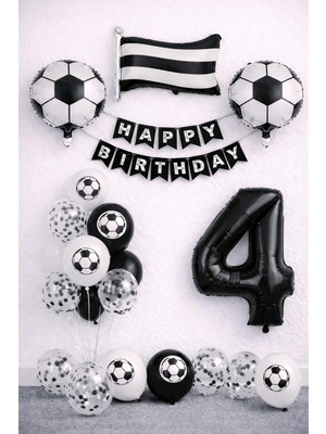 Patladı Gitti Siyah Beyaz Futbol Temalı 4 Yaş Doğum Günü Balon Seti