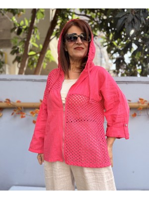 Deniz Ege Italyan File Detay Kapüşonlu Keten Ceket Şeker Pembe