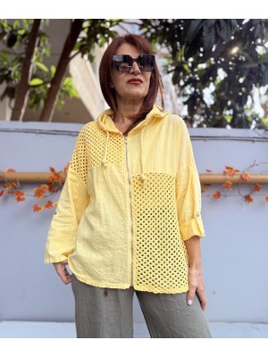 Deniz Ege Italyan File Detay Kapüşonlu Keten Ceket Sarı