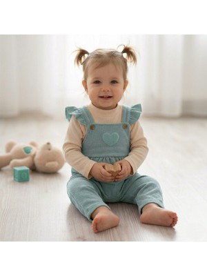 Buufuu Waffle Kumaş Kız Çocuk Omuzları Fırfırlı Bahçıvan T-Shirt Takım