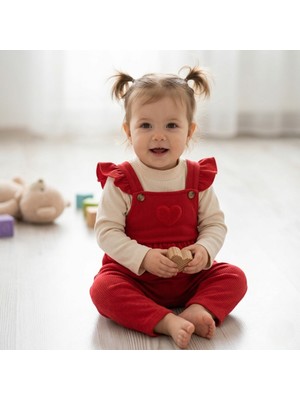 Buufuu Waffle Kumaş Kız Çocuk Omuzları Fırfırlı Bahçıvan T-Shirt Takım