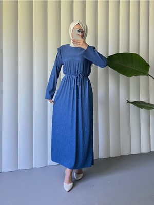 Moda Morfo Omuzu Vatkalı Bağcıklı Bürümcük Elbise -İndigo