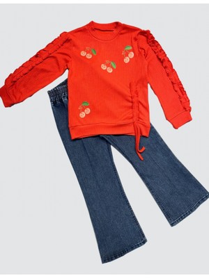 Diji Baby 4-5-6 Yaş Kot Pantolonlu Kiraz Desenli Penye Sweat Uzun Kollu 2li Kız Çocuk Takımı