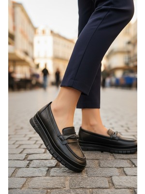 Enoch Hakiki Deri Siyah Işıltılı Şerit Detaylı Ortopedik Maskülen Babet