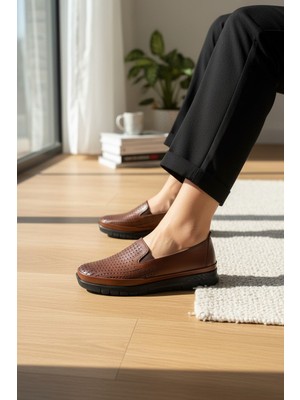 Enoch Hakiki Deri Lazer Delikli Hava Alan Ortopedik Konfor Babet