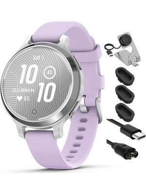 Garmin 010-02891-01 Lily 2 Active Silver With Mor Jasmine Silikon Bant Sche With Deco Essentials Şarj Dock, Silikon Dust Cover 3 Pack And USB Type C Şarj ve Sen Kablo