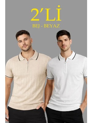 Erkek Dokuma Triko Tişört Fermuar Yakalı Yazlık Kısa Kol T-Shirt 2’li Set Bej-Beyaz
