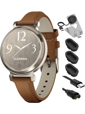 Garmin 010-02208-02 Lily 2 Classic Cream Gold With Tan Deri Band Sche With Deco Essentials Şarj Dock, Silikon Dust Cover 3 Pack And USB Type C Şarj ve Sen Cable