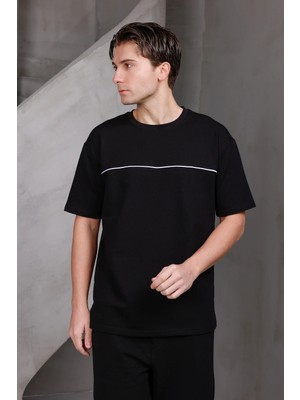 Dark Moda Erkek Garnili Şeritli Oversize Bisiklet Yaka 2 Iki Iplik Kompakt T-Shirt