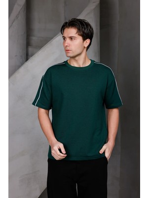 Dark Moda Erkek Şeritli Oversize Bisiklet Yaka 2 Iki Iplik Kompakt T-Shirt