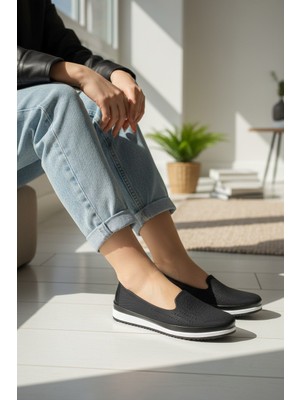 Enoch Hakiki Deri Esnek Yaka Detaylı Ortopedik Comfort Kadın Babet