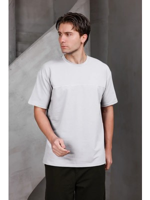 Dark Moda Erkek Garnili Şeritli Oversize Bisiklet Yaka 2 Iki Iplik Kompakt T-Shirt