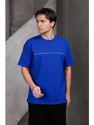 Dark Moda Erkek Garnili Şeritli Oversize Bisiklet Yaka 2 Iki Iplik Kompakt T-Shirt